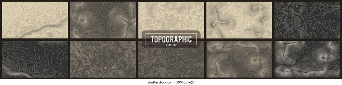 Conjunto de 10 fondos de contorno topográfico. Mapa de topo con elevación. Vector de mapa de contorno. Mapa geográfico de la cartografía mundial de la topografía ilustra abstracta vectorial.