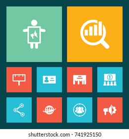 Set Of 10 Trade Icons Set.Collection Of Market, Group, Placard And Other Elements.