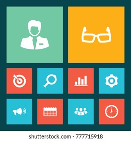 Set Of 10 Trade Icons Set.Collection Of Speaker, Time, Worker And Other Elements.