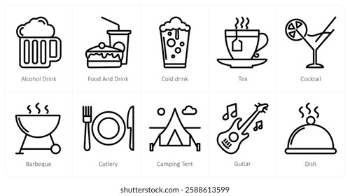 A set of 10 travel icons as alcohol drink, food and drink, cold drink