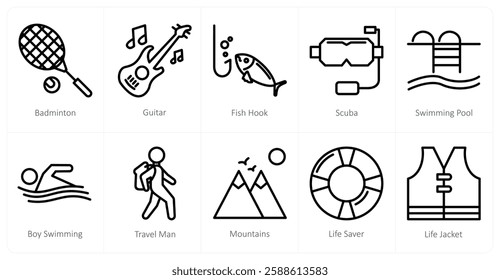 A set of 10 travel icons as badminton, guitar, fish hook