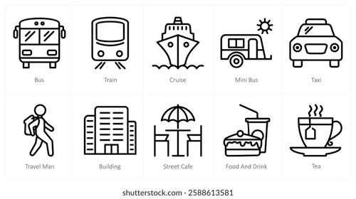 A set of 10 travel icons as bus, train, cruise