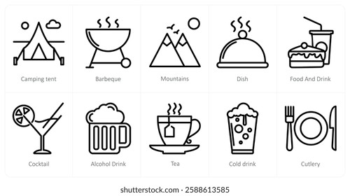 A set of 10 travel icons as camping tent, barbecue, mountains