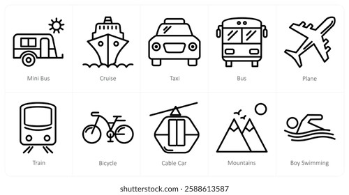 A set of 10 travel icons as mini bus, cruise, taxi