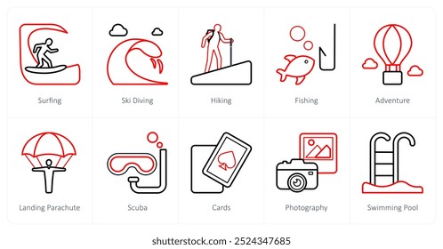 A set of 10 Travel and vacation icons as surfing, ski diving, hiking