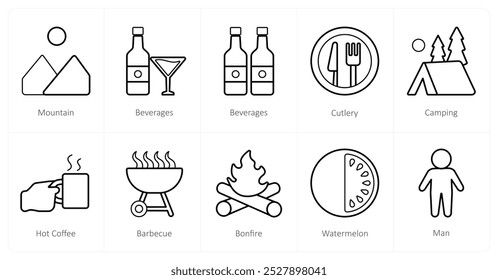 A set of 10 Travel and vacation icons as mountain, bevarages, cutlery