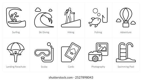 A set of 10 Travel and vacation icons as surfing, ski diving, hiking