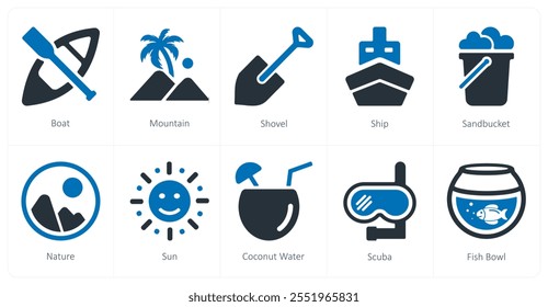 A set of 10 travel and vacation icons as boat, mountain, shovel