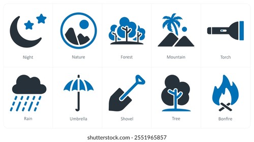 A set of 10 travel and vacation icons as night, nature, forest