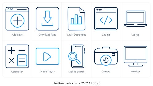 A set of 10 ui icons as add page, download page, chart document