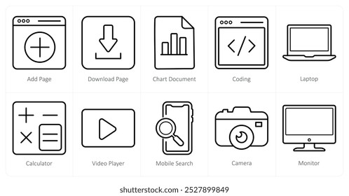 A set of 10 ui icons as add page, download page, chart document