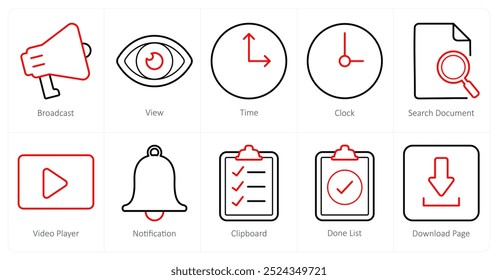 A set of 10 ui icons as broadcast, view, time