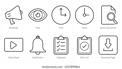 A set of 10 ui icons as broadcast, view, time