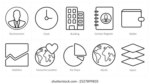 A set of 10 ui icons as businessman, clock, building