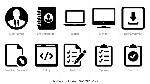 A set of 10 ui icons as businessman, contact register, laptop