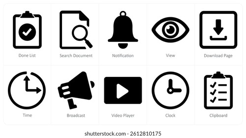 A set of 10 ui icons as done list, search document, notification