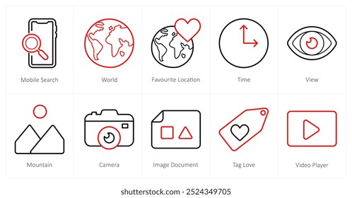 Un conjunto de 10 ui iconos como búsqueda móvil, mundo, ubicación favorita