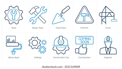Un conjunto de 10 iconos en construcción como herramientas, herramientas de reparación, herramientas de mano
