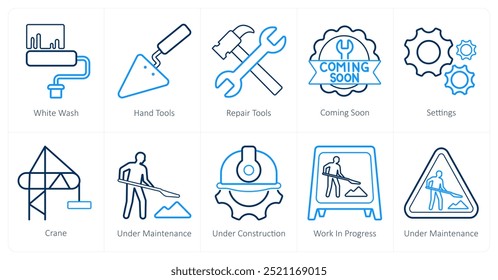 Un conjunto de 10 iconos en construcción como lavado blanco, herramientas de mano, herramientas de reparación