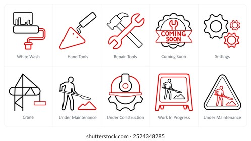 A set of 10 Under Construction icons as white wash, hand tools, repair tools