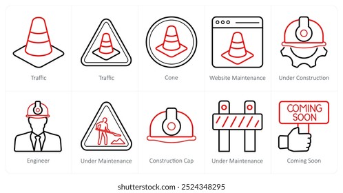 Um conjunto de 10 ícones em construção como tráfego, cone, manutenção de site