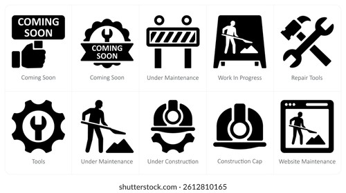 A set of 10 Under Construction icons as coming soon, under maintenance, work in progress