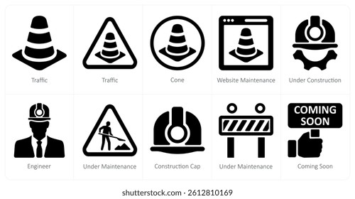 A set of 10 Under Construction icons as traffic, cone, website maintenance