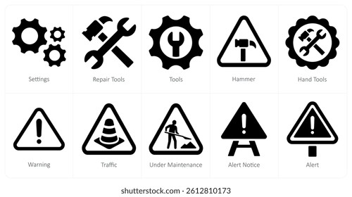 A set of 10 Under Construction icons as settings, repair tools, tools