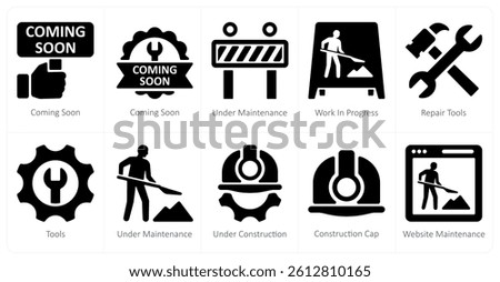 A set of 10 Under Construction icons as coming soon, under maintenance, work in progress