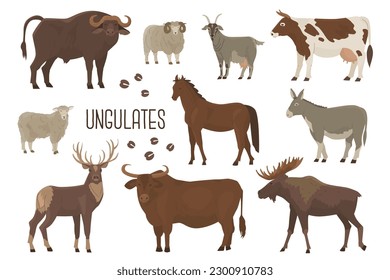 Set of 10 ungulates. Wild and domesticated animals. Cow, deer, buffalo, bull, goat, ram, sheep, donkey, elk, horse. Farm pets. Household. Vector illustration. Isolated objects on white background.