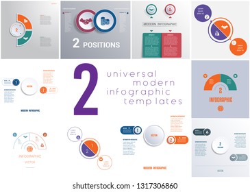Set 10 universal templates elements for Infographics conceptual cyclic processes for 2 positions possible to use for workflow, banner, diagram, web design, timeline, area chart,number options
