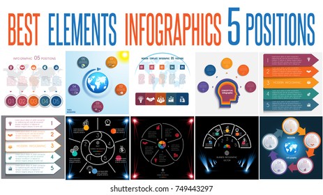 Set 10 universal templates elements Infographics conceptual cyclic processes for 5 positions possible to use for work flow, banner, diagram, web design, time line, area chart,number options.