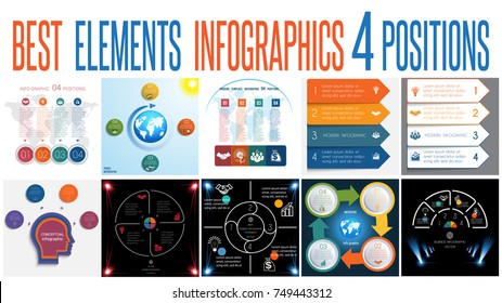 Set 10 universal templates elements Infographics conceptual cyclic processes for 4 positions possible to use for work flow, banner, diagram, web design, time line, area chart,number options.