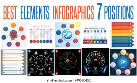 Set 10 universal templates elements Infographics conceptual cyclic processes for 7 positions possible to use for work flow, banner, diagram, web design, time line, area chart,number options