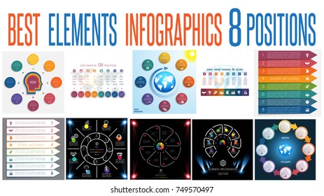 Set 10 universal templates elements Infographics conceptual cyclic processes for 8 positions possible to use for work flow, banner, diagram, web design, time line, area chart,number options