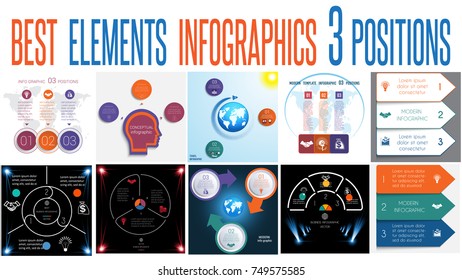 Set 10 universal templates elements Infographics conceptual cyclic processes for 3 positions possible to use for work flow, banner, diagram, web design, time line, area chart,number options