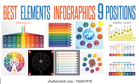 Set 10 universal templates elements Infographics conceptual cyclic processes for 9 positions possible to use for work flow, banner, diagram, web design, time line, area chart, number options 