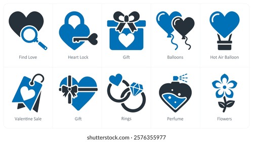 A set of 10 Valentine's Day icons as find love, heart lock, gift