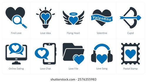 A set of 10 Valentine's Day icons as find love, love idea, flying heart