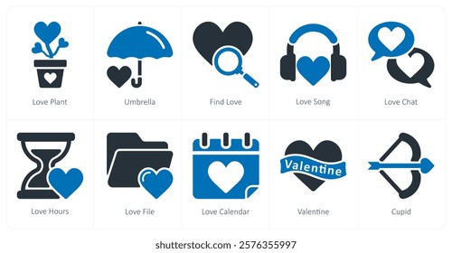 A set of 10 Valentine's Day icons as love plant, umbrella, find love