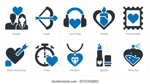 A set of 10 Valentine's Day icons as couple, cupid, love song