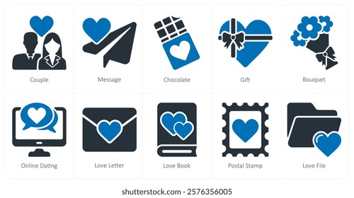 A set of 10 Valentine's Day icons as couple, message, chocolate