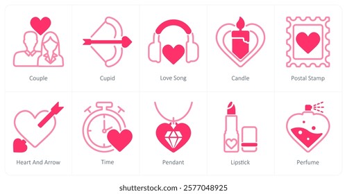 A set of 10 Valentine's Day icons as couple, cupid, love song