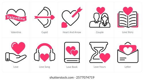 A set of 10 Valentine's Day icons as valentine, cupid, heart and arrow