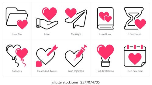 A set of 10 Valentine's Day icons as love file, love, message, love book