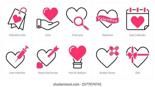 A set of 10 Valentine's Day icons as valentine sale, love, find love