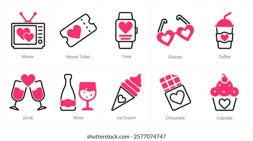 A set of 10 Valentine's Day icons as movie, movie ticket, time