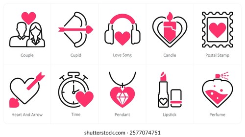 A set of 10 Valentine's Day icons as couple, cupid, love song