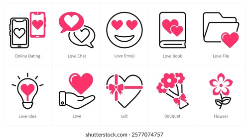 A set of 10 Valentine's Day icons as online dating, love chat, love emoji