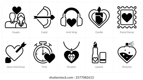 A set of 10 Valentine's Day icons as couple, cupid, love song